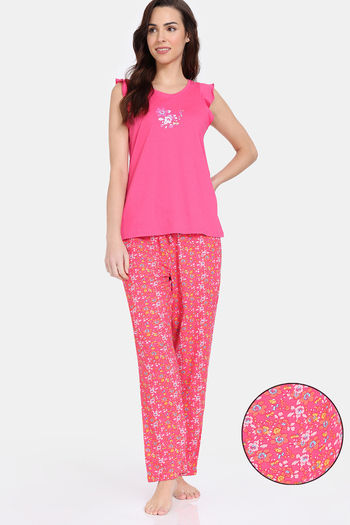 Buy Zivame Floral Pop Woven Pyjama Set - Coral Paradise